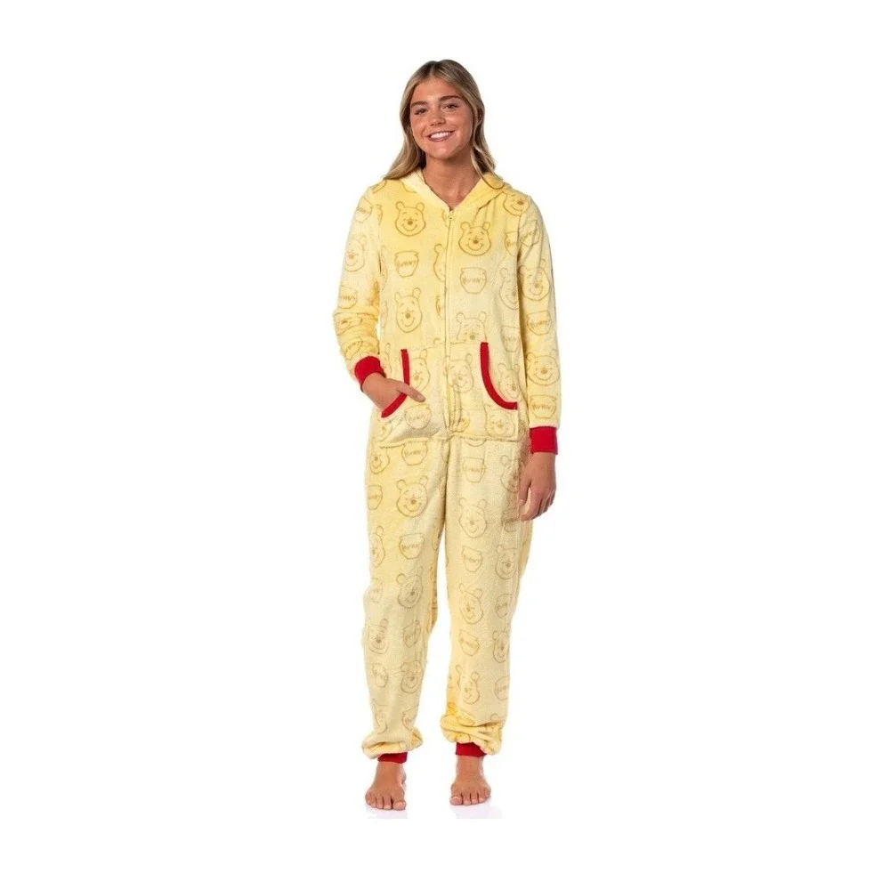 Disney Winnie the Pooh Plush Fleece Hooded One Piece Union Suit Yellow Large L - Picture 2 of 15